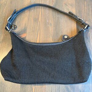 The Sak Black Woven Small Purse Crochet Knit Shoulder Baguette Bag  Zip